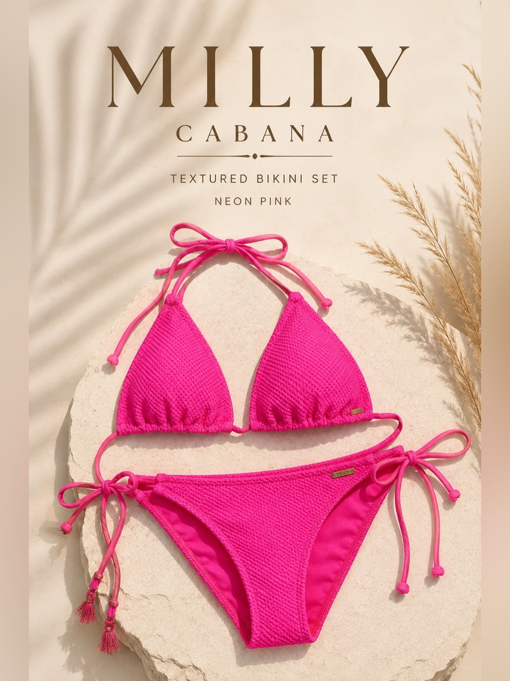Milly Cabana Neon Pink Textured Triangle Bikini Set Size S